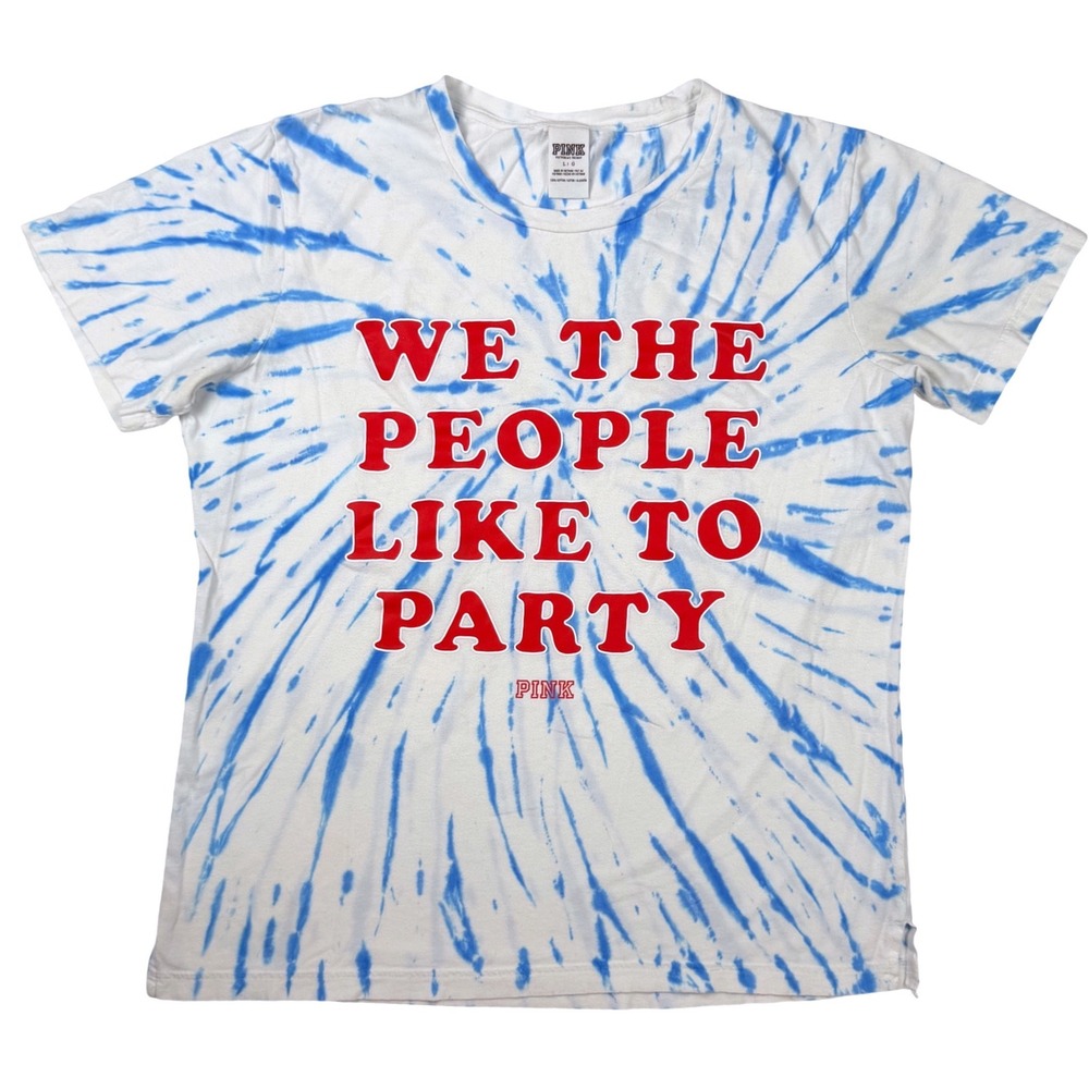 PINK Victoria's Secret‎ T-Shirt Womens L Blue White Tie Dye Party Graphic